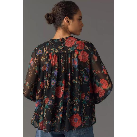 MAEVE by Anthropologie Long-Sleeve Pleated Floral Peasant Blouse in Black-Small - Picture 2 of 13